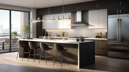 a modern kitchen with minimalist design, high-end appliances, and clean lines