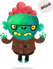Cartoon funny green zombie with pink brains outside of the head. Halloween vector illustration isolated