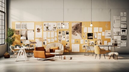 a modern marketing agency workspace with creative teams, mood boards, and marketing campaigns