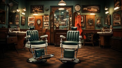 a nostalgic scene showcasing an old-fashioned barbershop with vintage barber chairs - obrazy, fototapety, plakaty