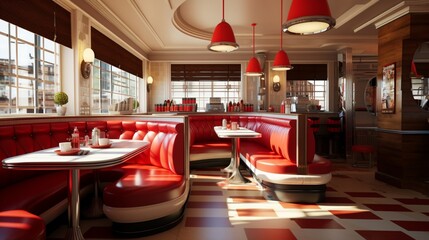 a nostalgic scene showcasing a retro cafe with checkered floors and red leather booths