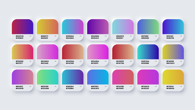 Gradient Colour Swatches in RGB, HEX Colors, Color Palette, Paint Palette, Bright Colours in HEX Codes Catalog, Colorful Tones