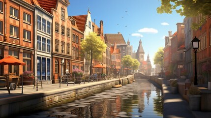 a serene canal in a European city, with historic buildings and boat reflections - obrazy, fototapety, plakaty