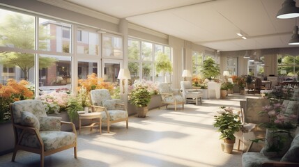 a serene hospice care facility with comfortable rooms, gardens, and compassionate end-of-life care