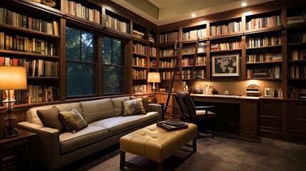 a serene library office with bookshelves, reading nooks, and a scholarly environment
