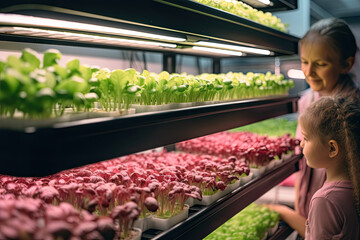 Grandmother and granddaughter grow microgreens on the shelves of a hydroponic vertical vegetable farm greenhouse.