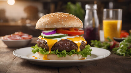 burger on the table - obrazy, fototapety, plakaty