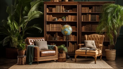 a tropical library with rattan bookshelves, vintage maps, and a sense of exotic adventure