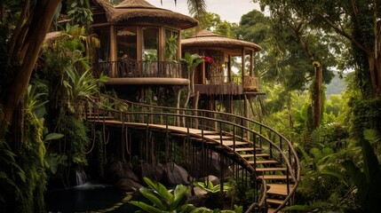 a tropical treehouse retreat with jungle views, suspension bridges, and exotic wildlife