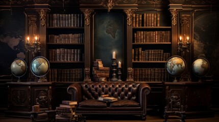 a vintage background featuring an antique library with leather-bound books and dim lighting - obrazy, fototapety, plakaty