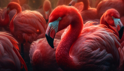 Vibrant pink flamingo in the wild showcases nature majestic elegance generated by AI