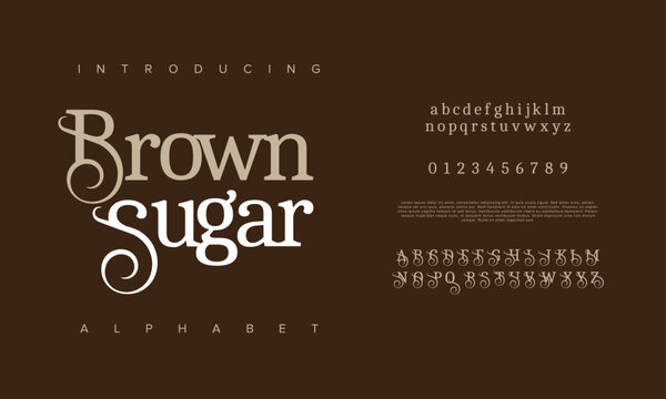 Brownsugar premium luxury elegant alphabet letters and numbers. Elegant wedding typography classic serif font decorative vintage retro. Creative vector illustration