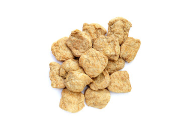 Textured soy protein on white background.