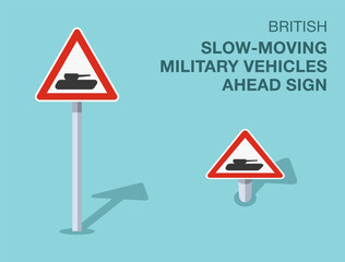 Traffic regulation rules. Isolated British slow-moving military vehicles ahead sign. Front and top view. Flat vector illustration template.