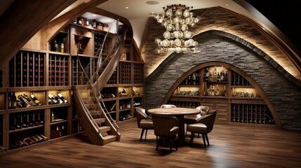 an eclectic wine cellar with a variety of wine racks and tasteful quirkiness, enticing wine enthusiasts - obrazy, fototapety, plakaty