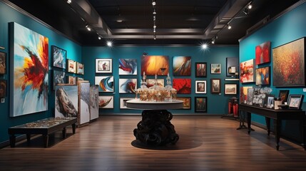 an eclectic art gallery with a diverse collection, celebrating creativity and artistic expression