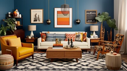 an eclectic living room with a mix of patterns, colors, and unexpected decor elements