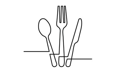 One continuous line spoon, knife, and fork.single line Cutlery design. Cutlery vector isolated on a white background.restaurant logo stock illustration.