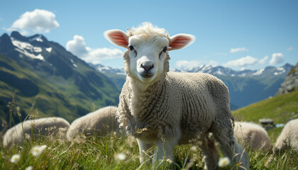 Fototapeta premium Cute lamb grazing on green meadow, surrounded by peaceful mountains generated by AI