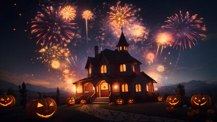 Fototapeta na wymiar Halloween fireworks celebration. Image is generated with the use of an Artificial intelligence
