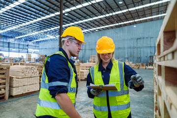 Team of Industrial factory engineer staff worker operate machine at production line. Production line of the wooden working industrial factory, Carpentry workshop factory.