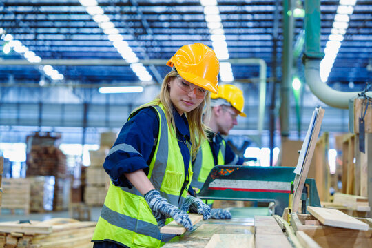 Female and male carpenter wearing safety uniform and working overall equals wooden bar with milling machine in the workshop, Carpentry workshop factory background