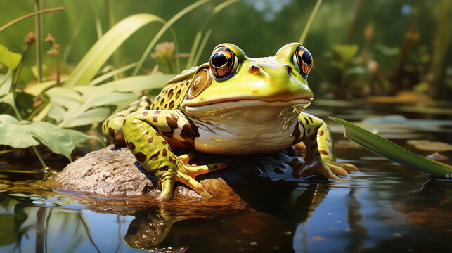 photo illustration of a frog on the river bank.generative ai