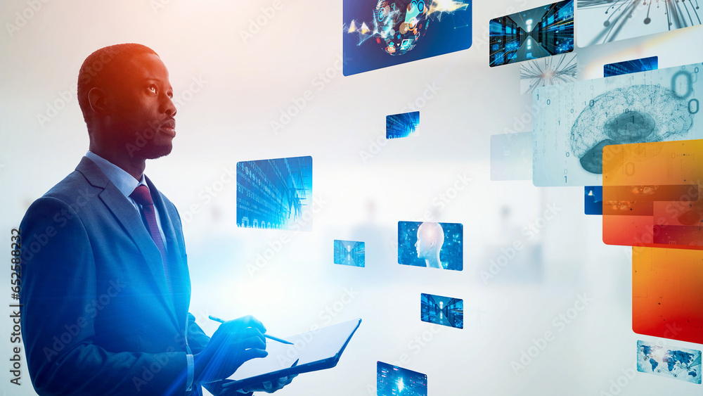 Aufkleber a man using a tablet pc and a cg screens