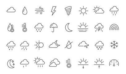 Linear weather icons on a white background.  Editable stroke outline
