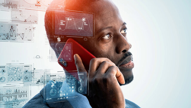 A man using a smartphone and digital data. DX. AI.