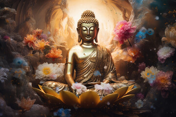 glowing golden buddha and water color flowers - obrazy, fototapety, plakaty
