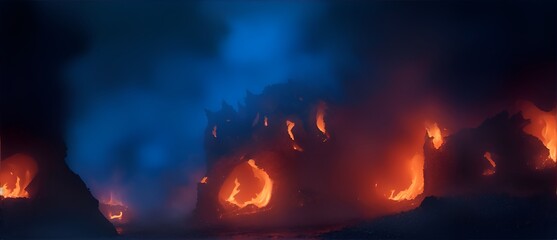 Fiery pits of hell on a foggy night with blue flames from Generative AI