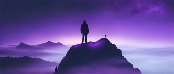  Silhouette of a person standing on top of a foggy mountain with purple night sky. from Generative AI © sevenSkies