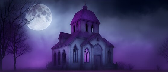 Fototapeta na wymiar Scary abandoned church at foggy night with full moon and purple sky from Generative AI