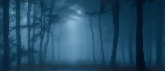 Fototapeten Scary pathway at a foggy forest on halloween at winter night from Generative AI © sevenSkies