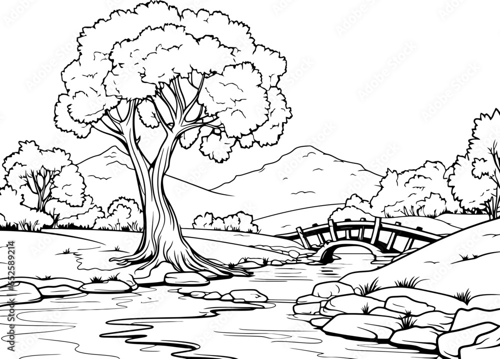 Wall mural river in forest landscape drawing