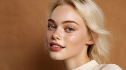 Naklejka premium Beautiful young woman on a brown colored background