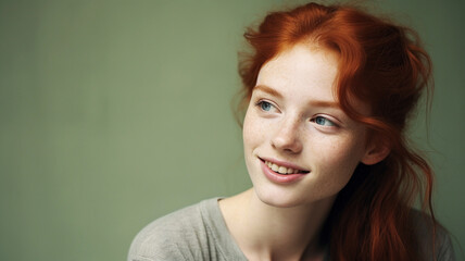 Fototapeta premium Beautiful young red hair woman on a moss green colored background