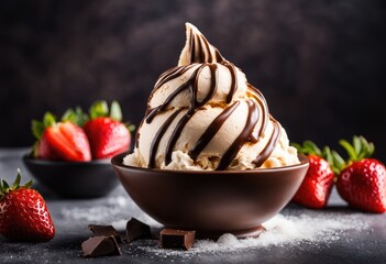  triple scoop of vanilla, chocolate, and strawberry ice cream in a sugar cone. Generative AI 