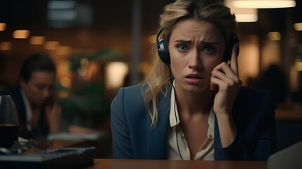 business person in office making important phone call about serious problem working under pressure and tight deadline ai generated