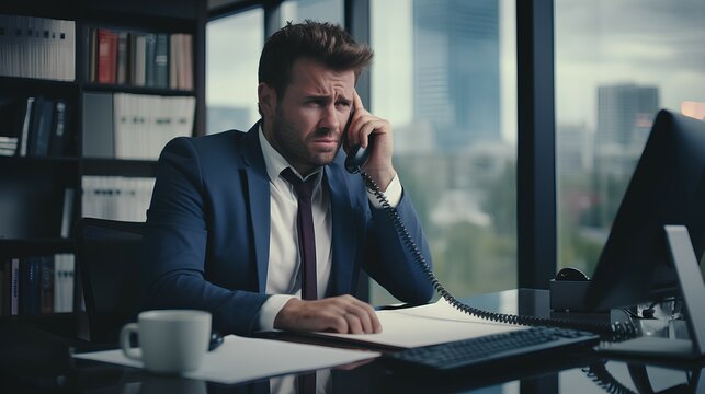 Business Person In Office Making Important Phone Call About Serious Problem Working Under Pressure And Tight Deadline Ai Generated