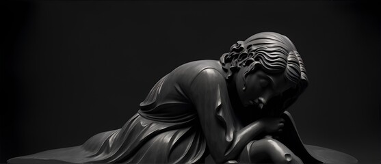 Sad statue of an angel in plain black background from Generative AI