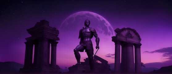 Warrior statue on an abandoned ruins background with purple night sky from Generative AI
