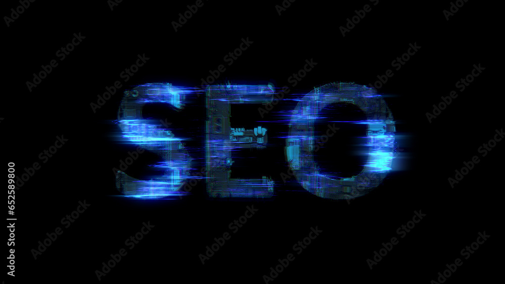 Poster cybernetic electrical light shining text seo in glitch style, isolated - object 3d rendering