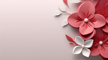 Beautiful pastel pink copy paste background. Bloomed flowers on the side of the paper