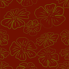 Seamless pattern with hand drawn line art gold flowers on red.