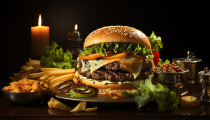 Grilled beef burger with cheese, tomato, and gourmet French fries generated by AI