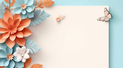 blank note paper with paper flowers on blue background, invitation mockup