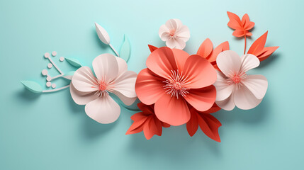 Paper cut flowers and leaves with pastel blue background, Fresh spring nature background. Floral banner, poster, flyer template with copy space.