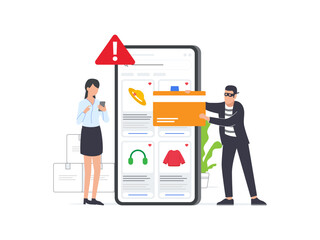 Cybercriminals targeting a woman's online shopping for credit card and financial data. Illustrating digital threats like hacking, phishing, scams, malware, and financial security risks.